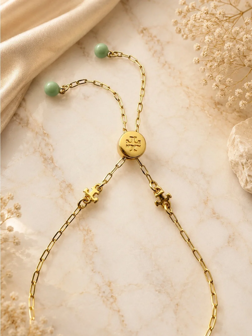 Tory Burch Gold Tone Green Stone Adjustable Chain Bracelet